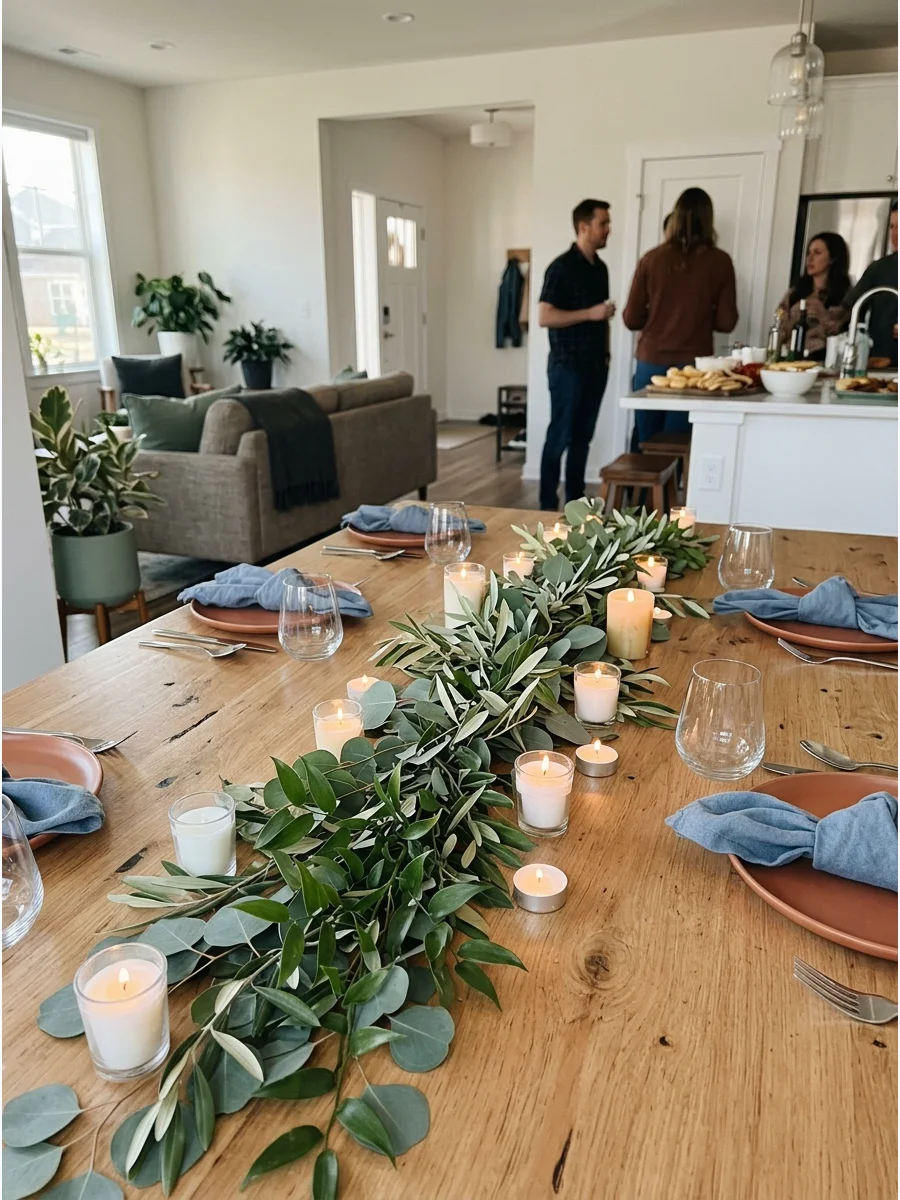 Simple Greenery Table Runner. Run eucalyptus or leafy greenery down the center of the dining table and add small candles between the branches. This is an easy way to decorate witho