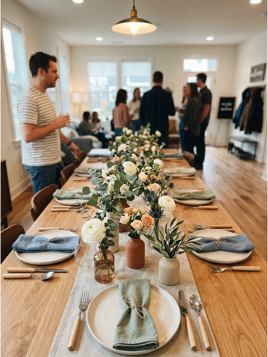 Fresh Flower Centerpieces. Fill small vases with seasonal flowers and place several down the length of the table. Using lower arrangements keeps sightlines open so guests can comfo