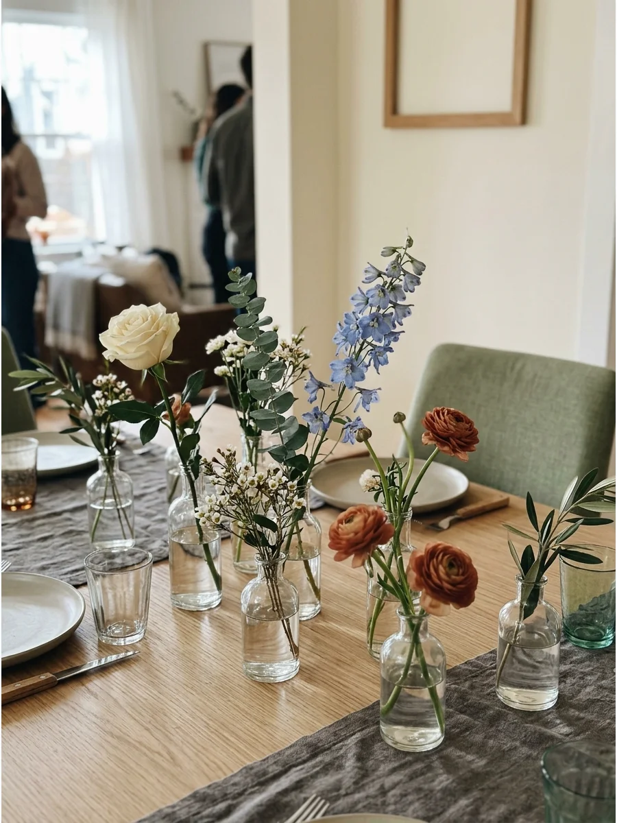 Bud Vase Table Display. Instead of one large centerpiece, scatter small bud vases throughout the table. Fill each with one or two flowers to create a light and effortless look. Hou