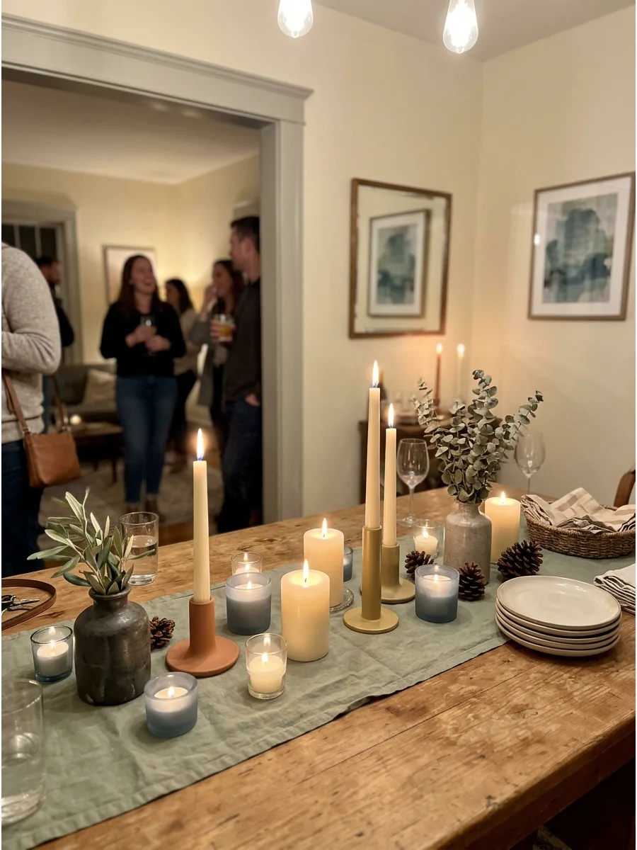 Candlelit Housewarming Table. Group taper candles and votives at different heights along the table for an intimate evening atmosphere. Neutral or monochromatic candles can make the