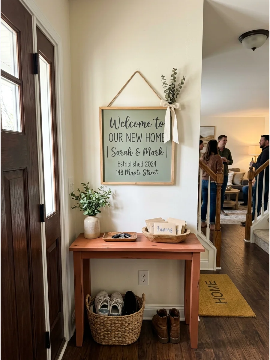 Personalized New Home Welcome Sign. Create a welcome sign featuring the homeowners' names, move-in year, or new address. Keep the design simple enough that it coordinates with the