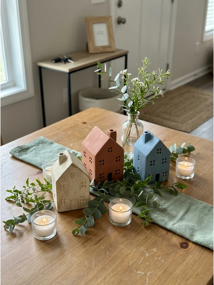 Mini House Centerpieces. Decorate the tables with small ceramic, wooden, or paper houses. Add greenery and tea lights around them to turn the "new home" theme into a subtle centerp