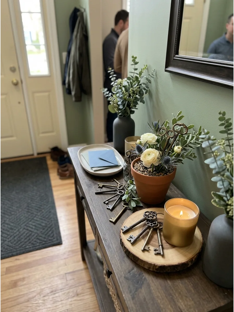 Decorative Key Centerpieces. Place antique-style decorative keys among flowers, candles, and greenery. The key motif references the milestone without requiring obvious party decora