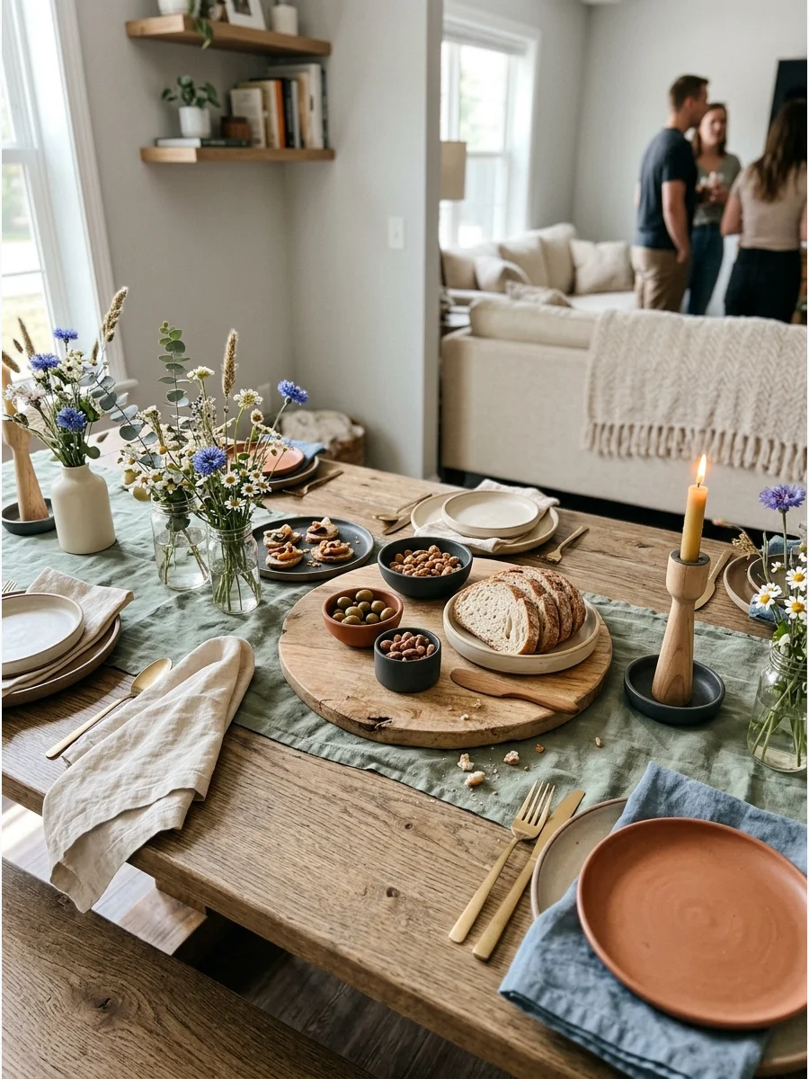 Rustic Wooden Table Décor. Use wood serving boards, linen runners, ceramic dishes, wildflowers, and candles for a relaxed rustic housewarming table. Keep the materials natural and