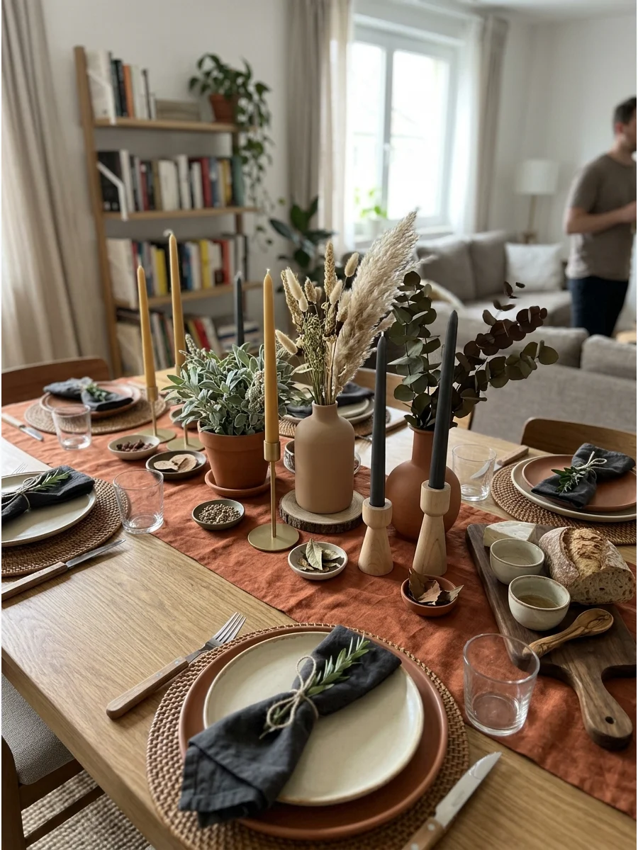Earth-Tone Housewarming Table. Layer terracotta, rust, olive, beige, and chocolate brown across napkins, flowers, candles, and table linens. Finish with natural wood or ceramic ser