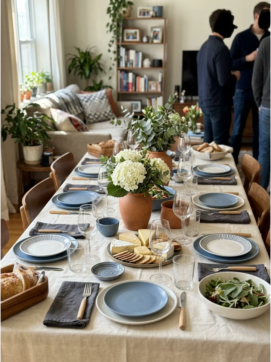 Blue and White Housewarming Table. Use blue-and-white dishes, white flowers, greenery, and clear glassware for a fresh classic look. This palette works particularly well for spring