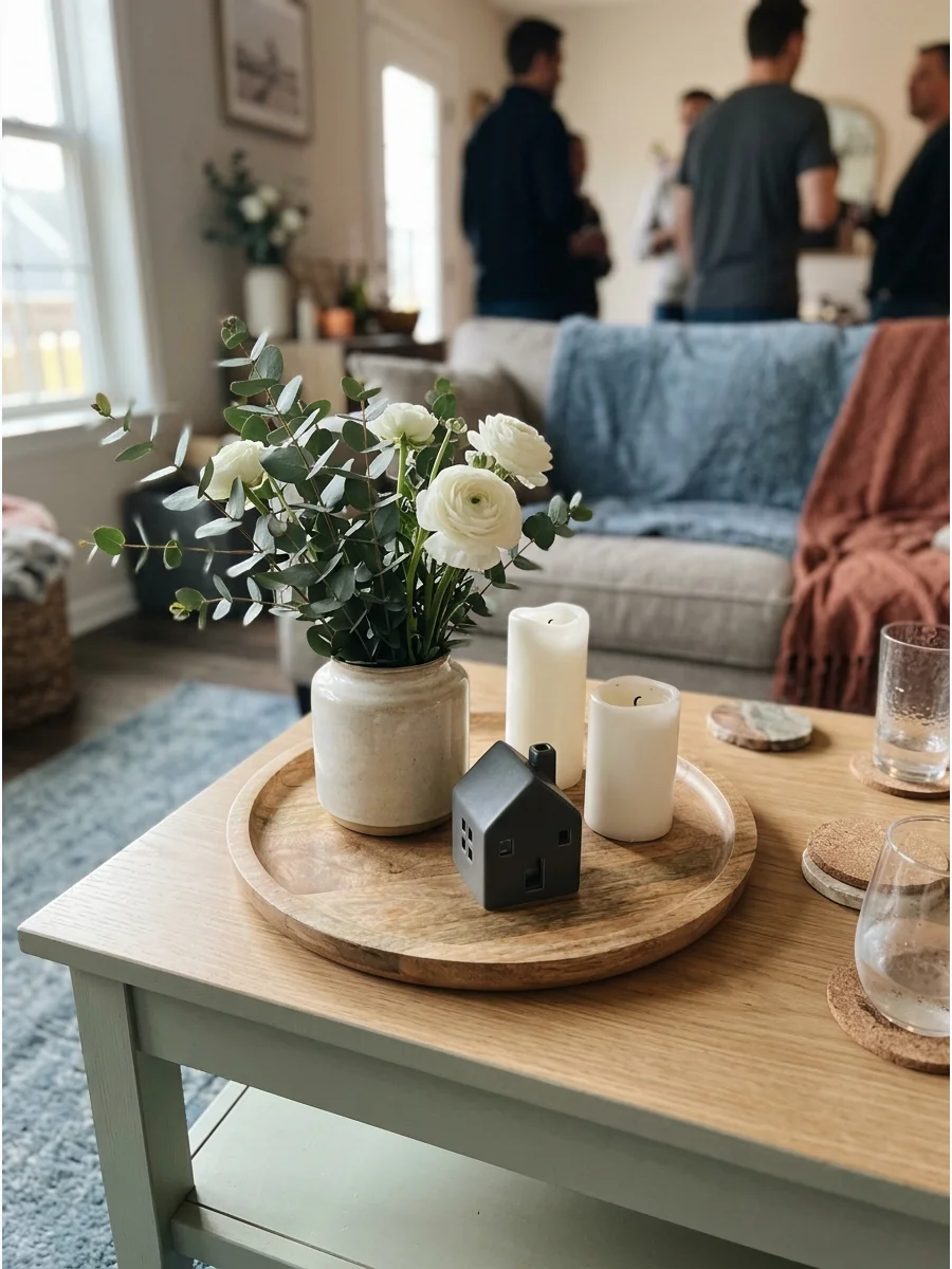 Styled Coffee Table Centerpiece. Turn your coffee table into a simple party focal point with a decorative tray, flowers, candles, and a small house-shaped object. Leave enough open