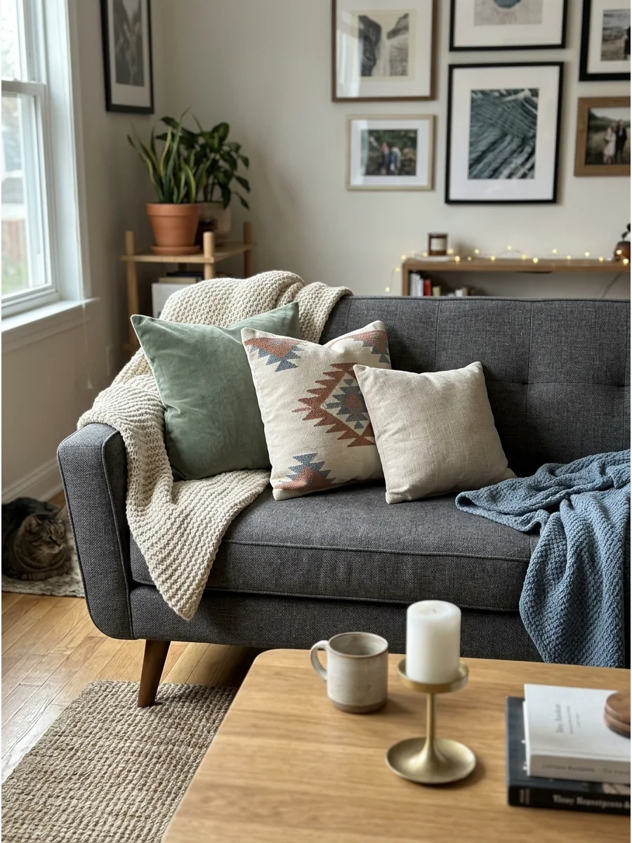 Cozy Throw and Pillow Styling. Refresh the living room before guests arrive with coordinated throw pillows and blankets. Choose colors that already complement the room rather than