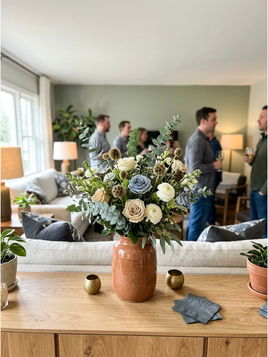 Fresh Flower Living Room Display. Place one larger floral arrangement in the living room where guests naturally gather. A beautiful vase of flowers can decorate the space without m