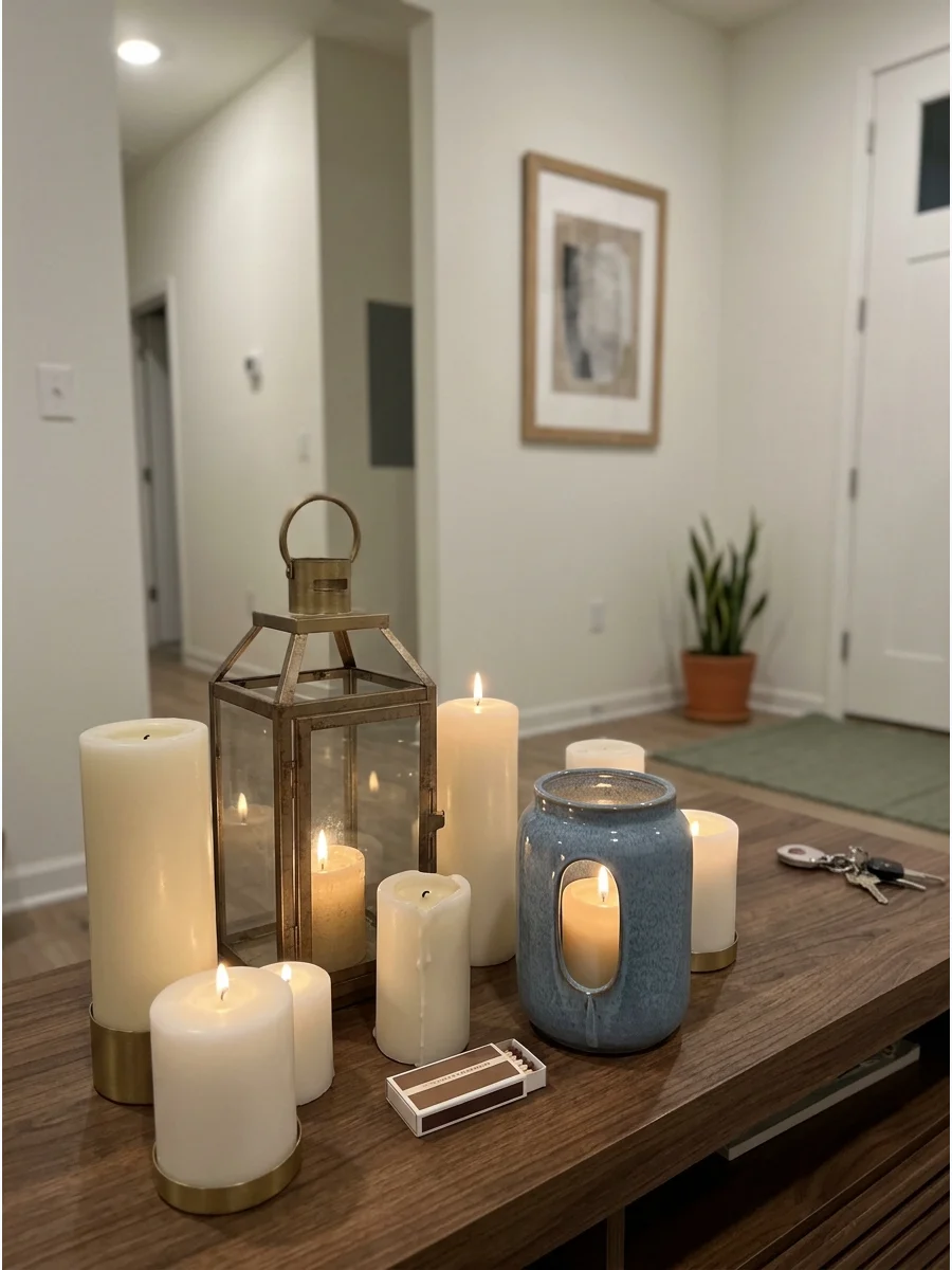 Candle and Lantern Grouping. Arrange several candles or small lanterns together on a console, mantel, or sideboard. Vary the heights while keeping the color palette consistent for