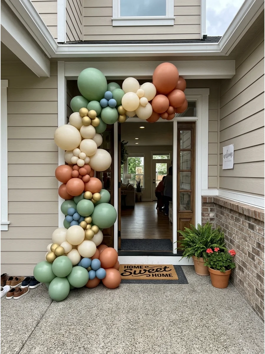Front Door Balloon Garland. Frame one side of the front door with a balloon garland in two or three colors that complement the exterior of the home. Mixing different balloon sizes