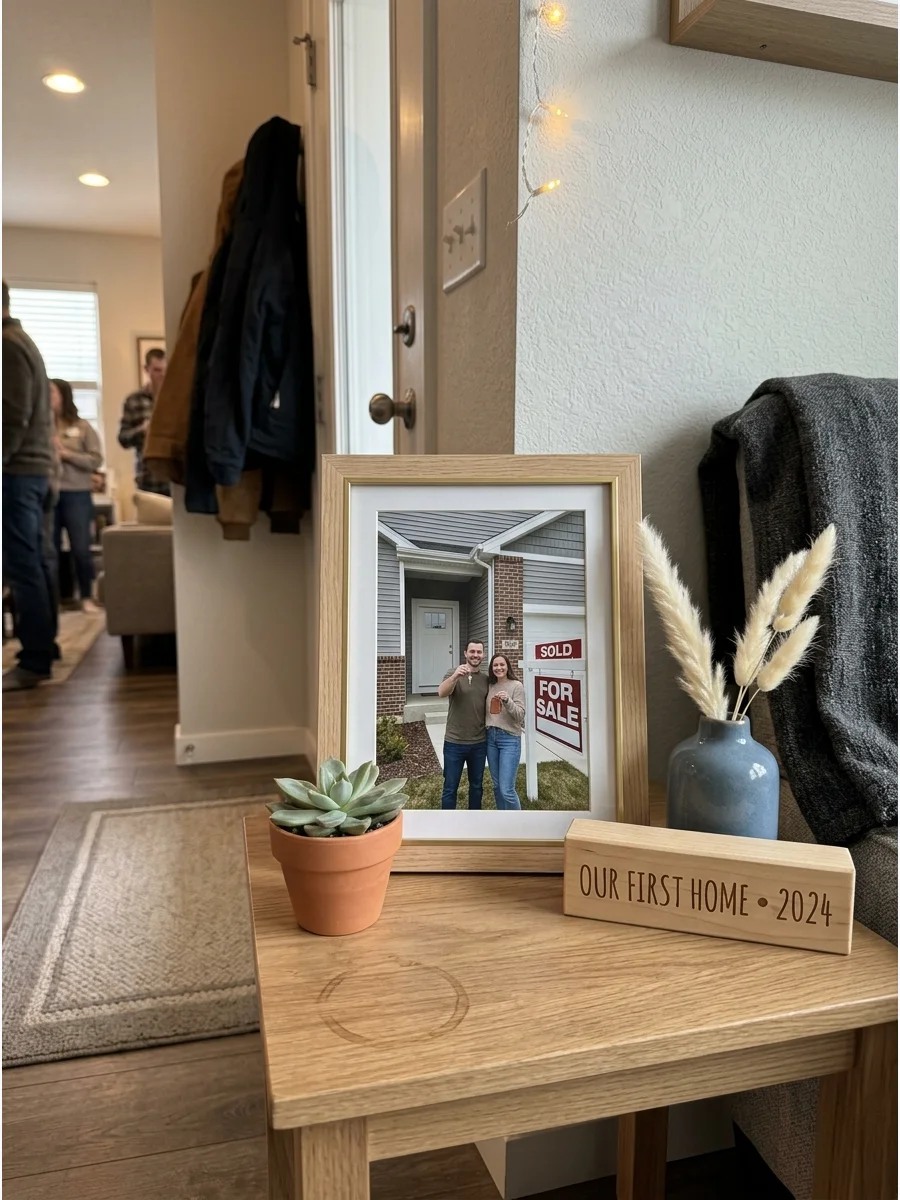"Our First Home" Photo Display. Display a framed picture of the homeowners outside their new house, holding their keys, or standing beside the sold sign. It adds a personal element