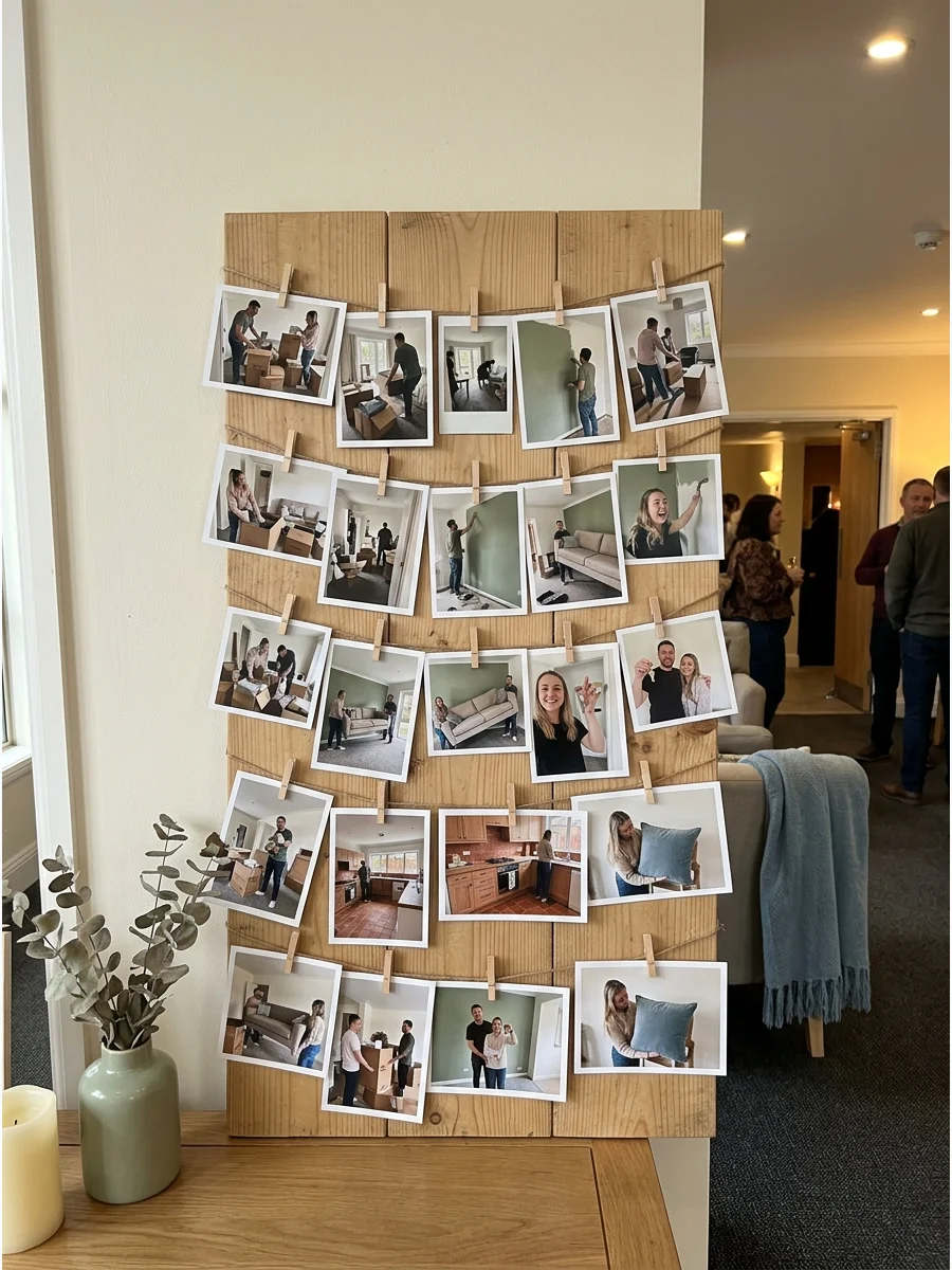 Moving-Day Photo Wall. Print a small collection of photos from packing, moving day, renovations, or decorating the new home. Arrange them along a wall or board so guests can see th