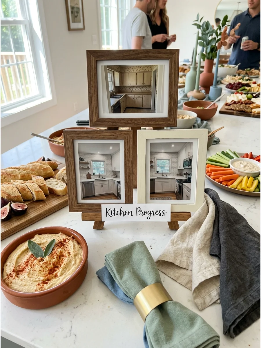 Before-and-After Home Display. If the home was renovated, display a few before-and-after photographs in simple frames. Keep the display small and focused so it becomes a conversati