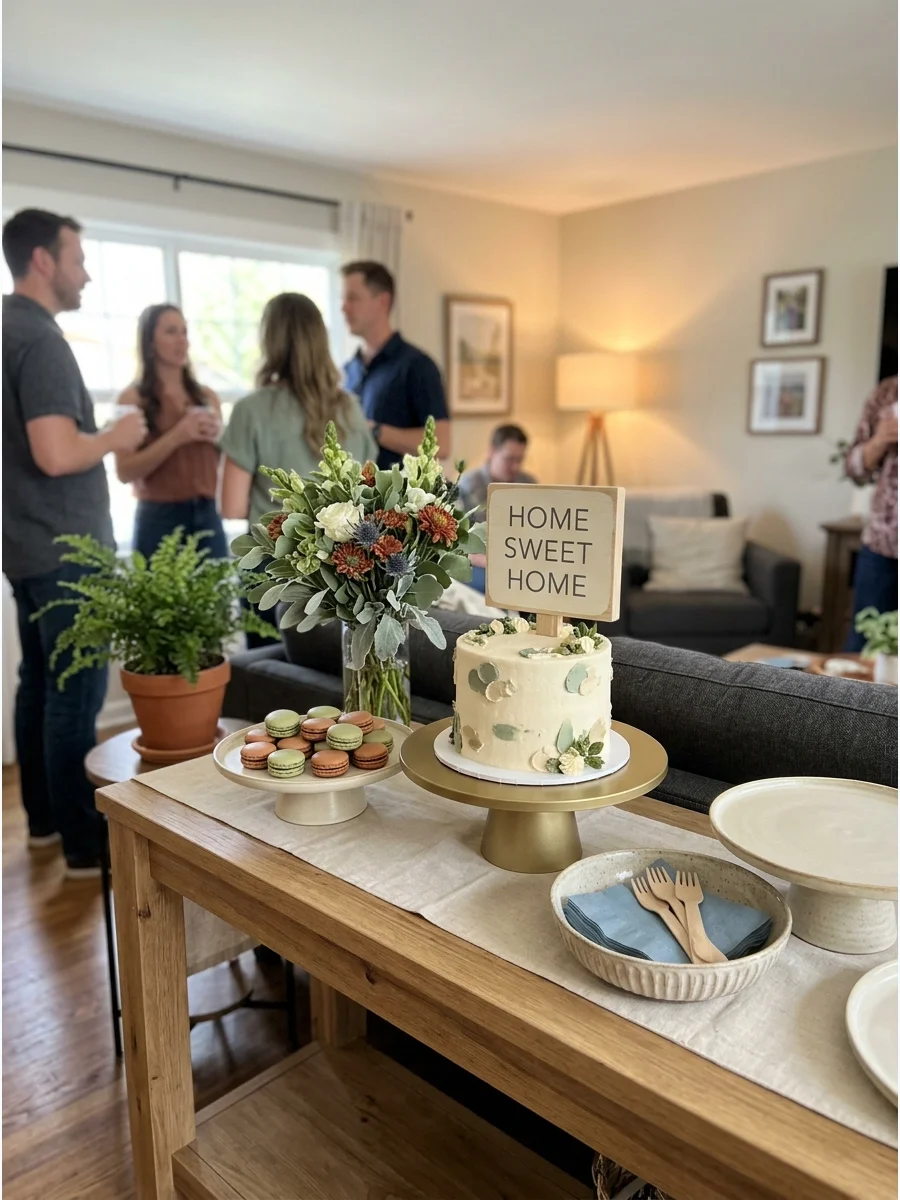 Home Sweet Home Dessert Table. Create one main dessert display with a "Home Sweet Home" sign, cake, flowers, and coordinated serving stands. Let this serve as the primary decorativ