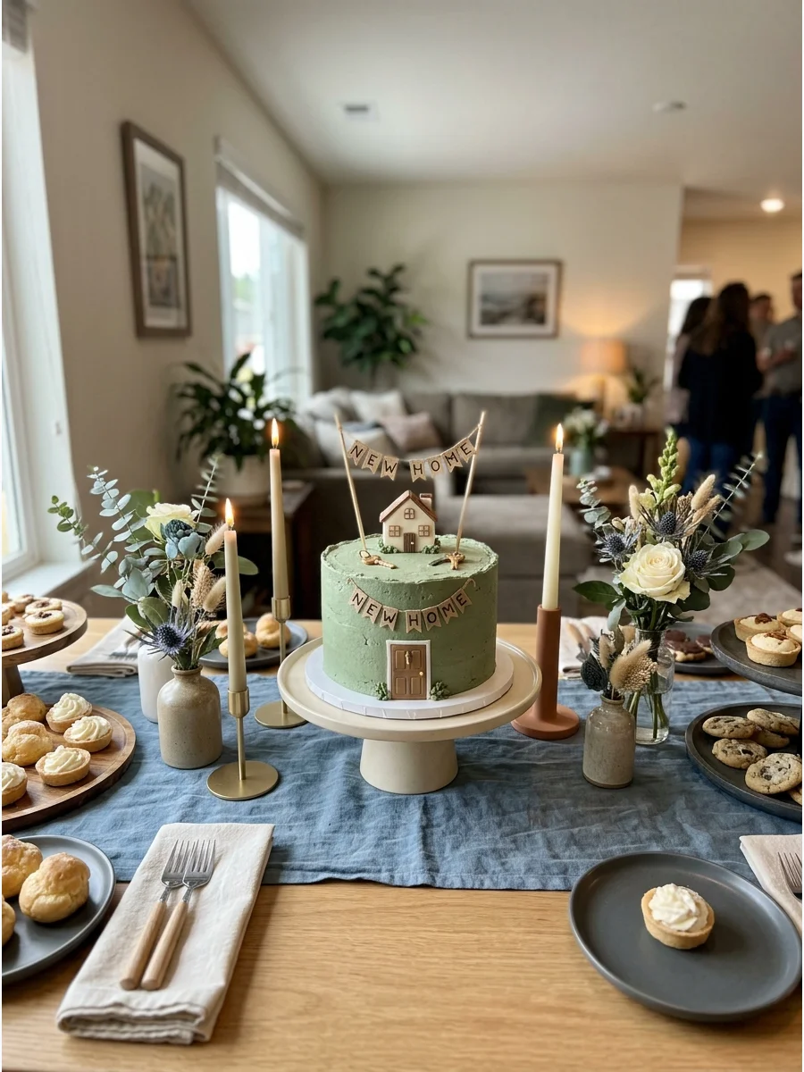New Home Cake Table. Center the dessert table around a cake decorated with a miniature house, key, front door, or new-home message. Add candles and simple florals rather than dozen