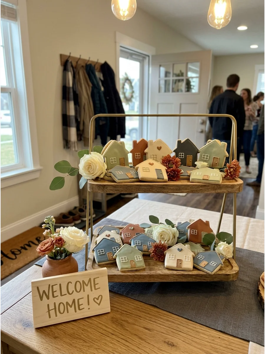 House-Shaped Cookie Display. Arrange house-shaped sugar cookies on tiered trays alongside flowers and a small welcome-home sign. The treats double as decoration until guests begin