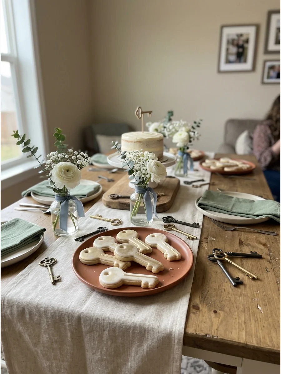 Key-Themed Dessert Table. Use decorative keys, gold accents, white flowers, and key-shaped cookies or cake toppers to build the dessert table around a "key to our new home" concept