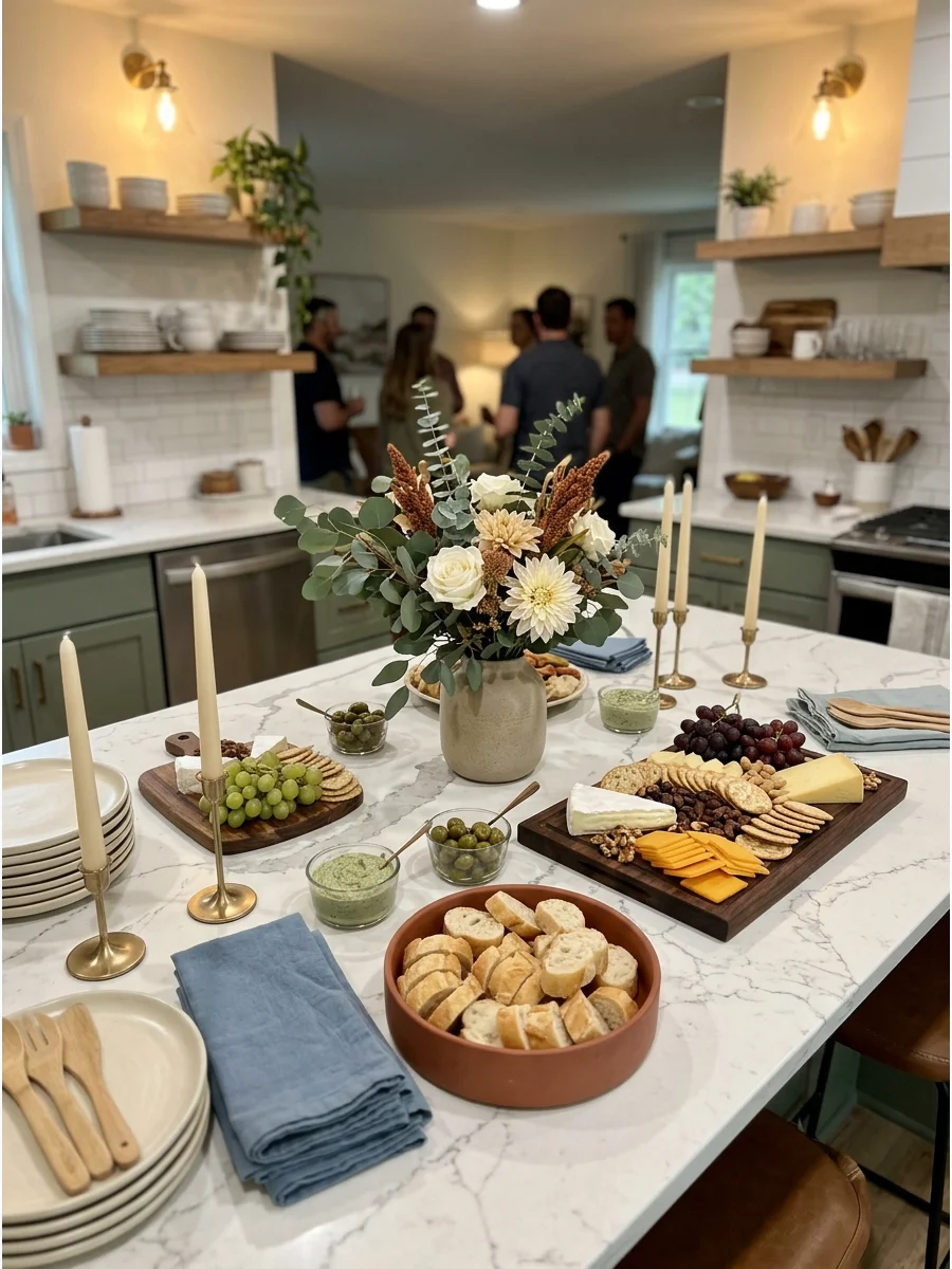 Styled Kitchen Island. If your kitchen island is one of your favorite features, turn it into the main serving area. Add one floral arrangement, coordinated serving boards, candles,