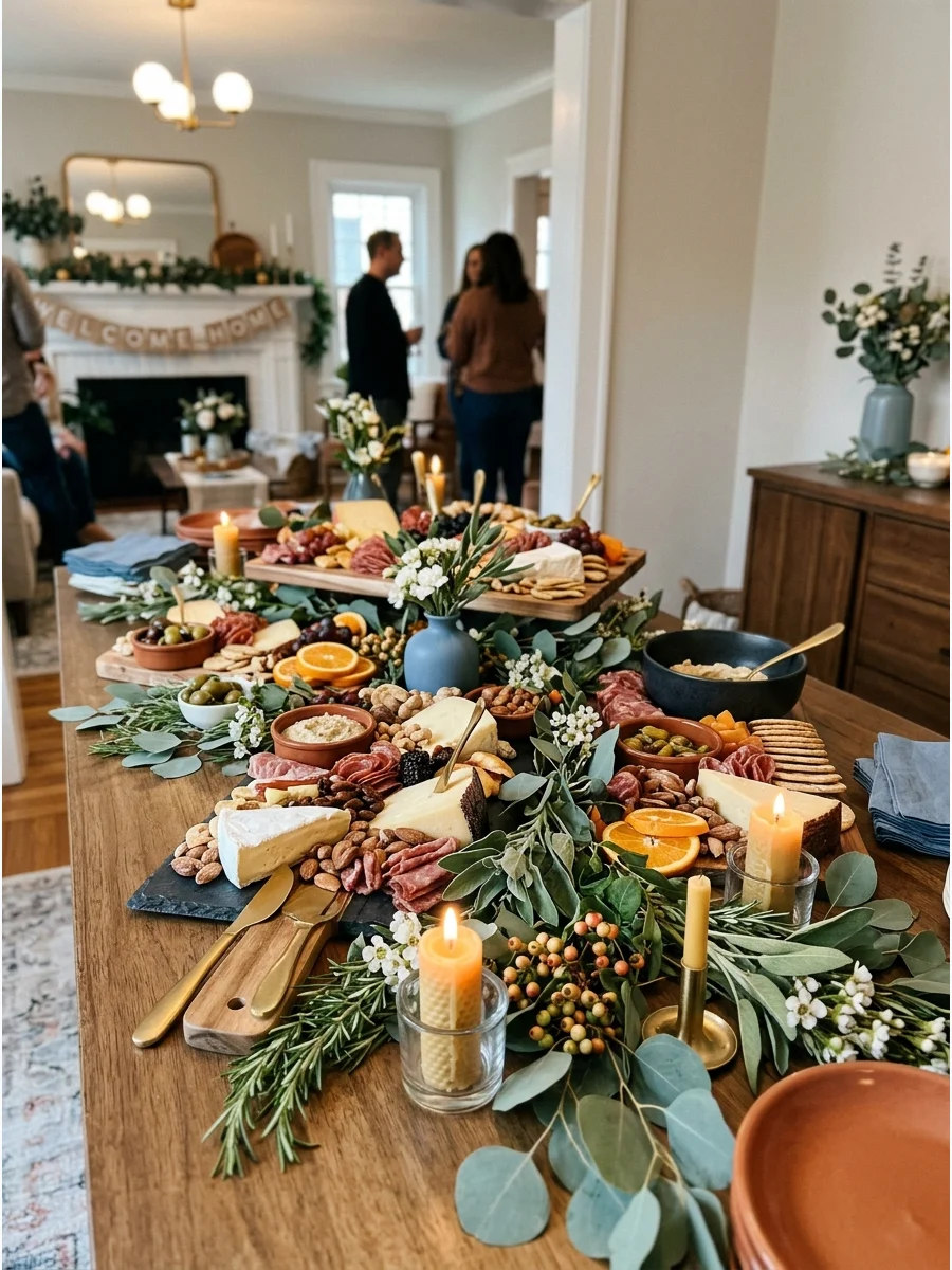 Charcuterie Table With Greenery. Build a grazing spread on wooden boards and decorate around it with herbs, greenery, fruit, flowers, and candles. The food itself becomes part of t