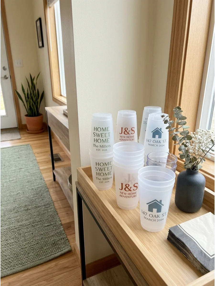 Personalized Housewarming Cups. Use cups featuring the homeowners' names, initials, new address, or move-in year. Display them neatly at the drink station so they contribute to the