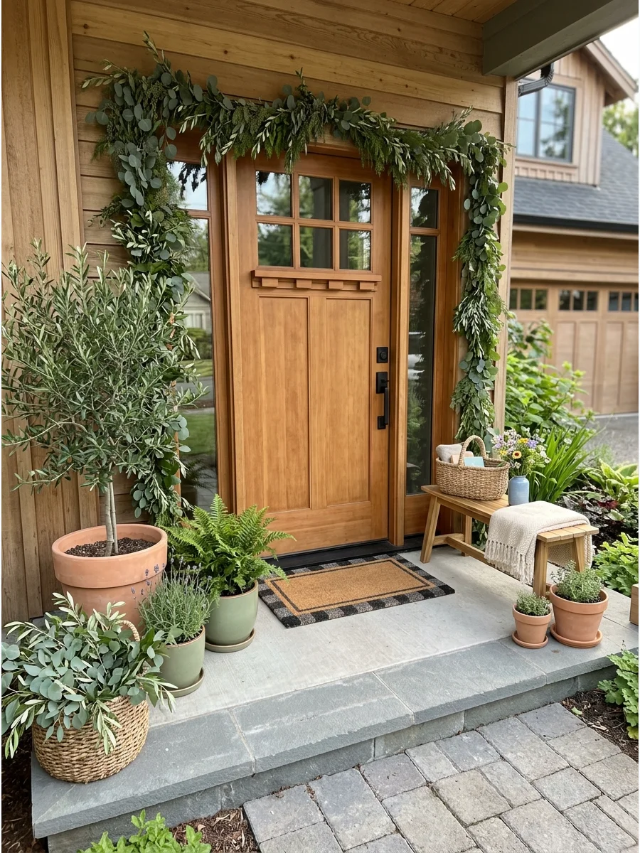 Greenery Around the Front Door. Decorate the entrance with eucalyptus garlands, leafy branches, potted plants, or seasonal greenery. This creates a welcoming look without competing