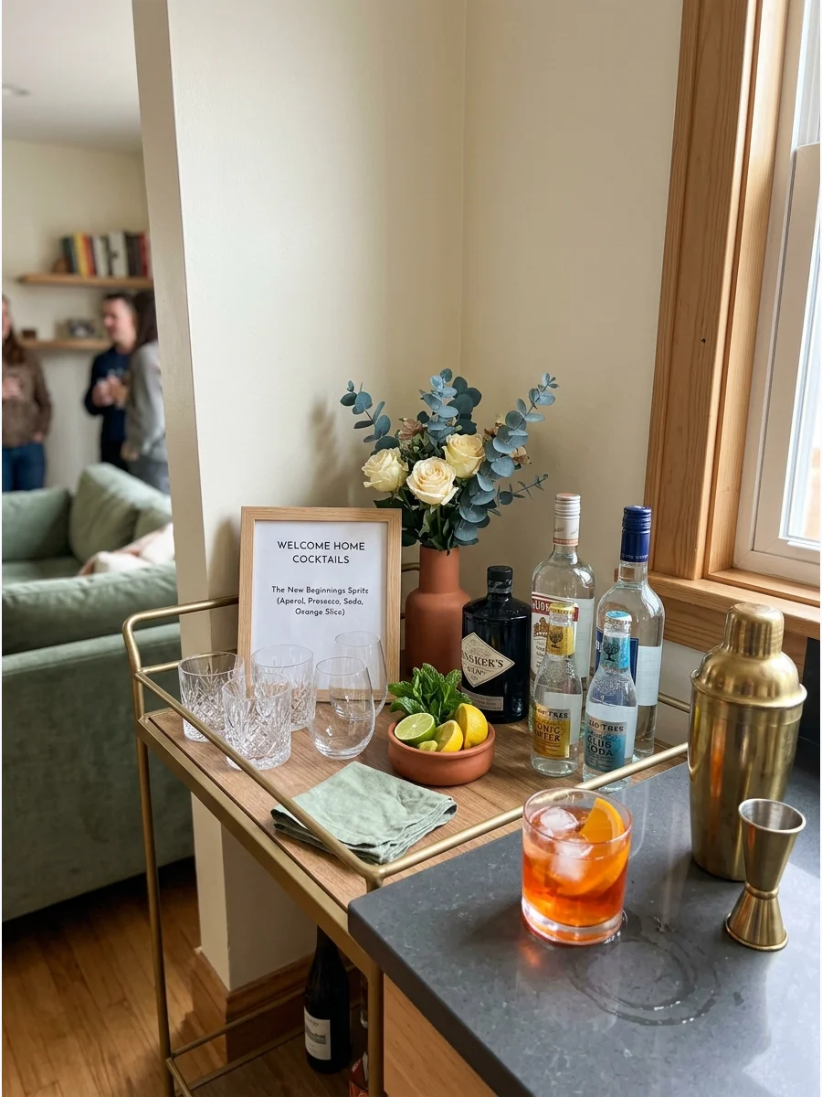 New Home Cocktail Bar. Style a small bar cart or kitchen counter with glassware, bottles, citrus, flowers, and a simple cocktail menu. Give one signature drink a house-related name