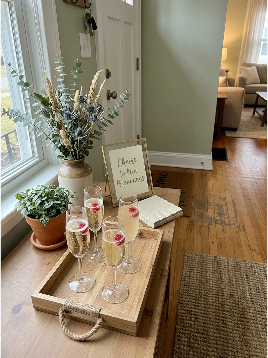 Champagne Welcome Station. Greet guests with glasses of sparkling wine or a nonalcoholic alternative displayed on a decorated tray. Add greenery and a small "Cheers to New Beginnin