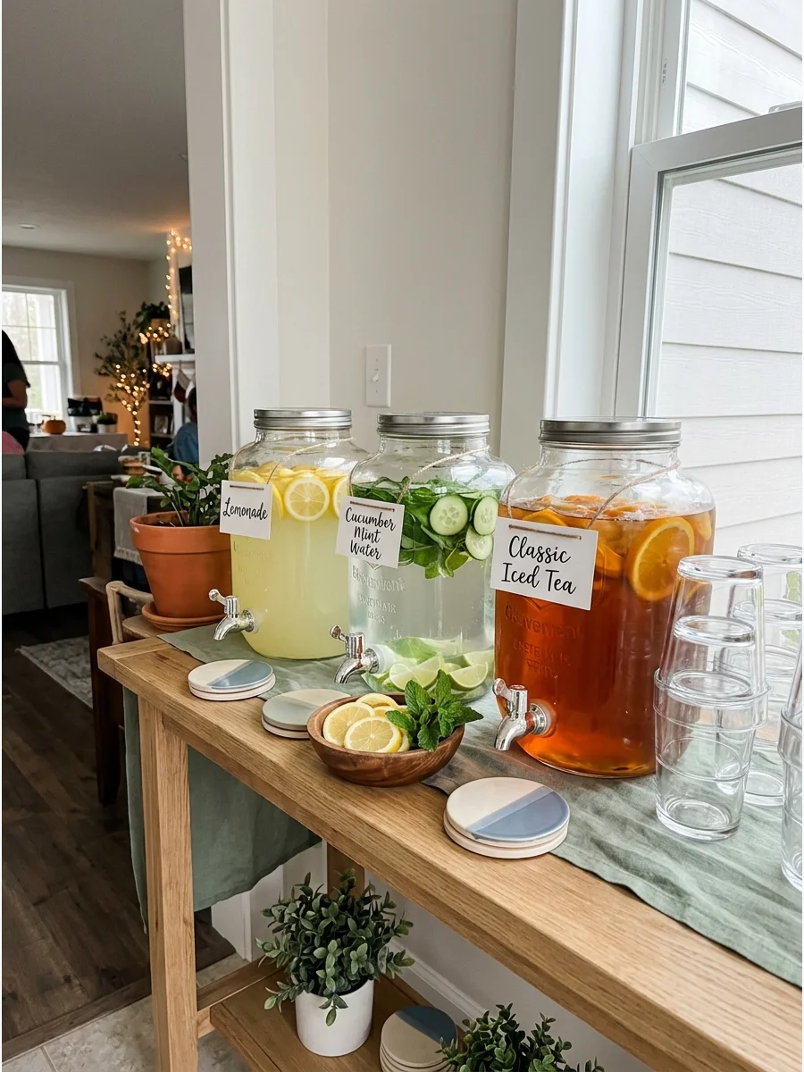 Self-Serve Drink Dispenser Station. Arrange glass beverage dispensers with water, lemonade, iced tea, or fruit-infused drinks. Use matching labels, sliced fruit, greenery, and neat