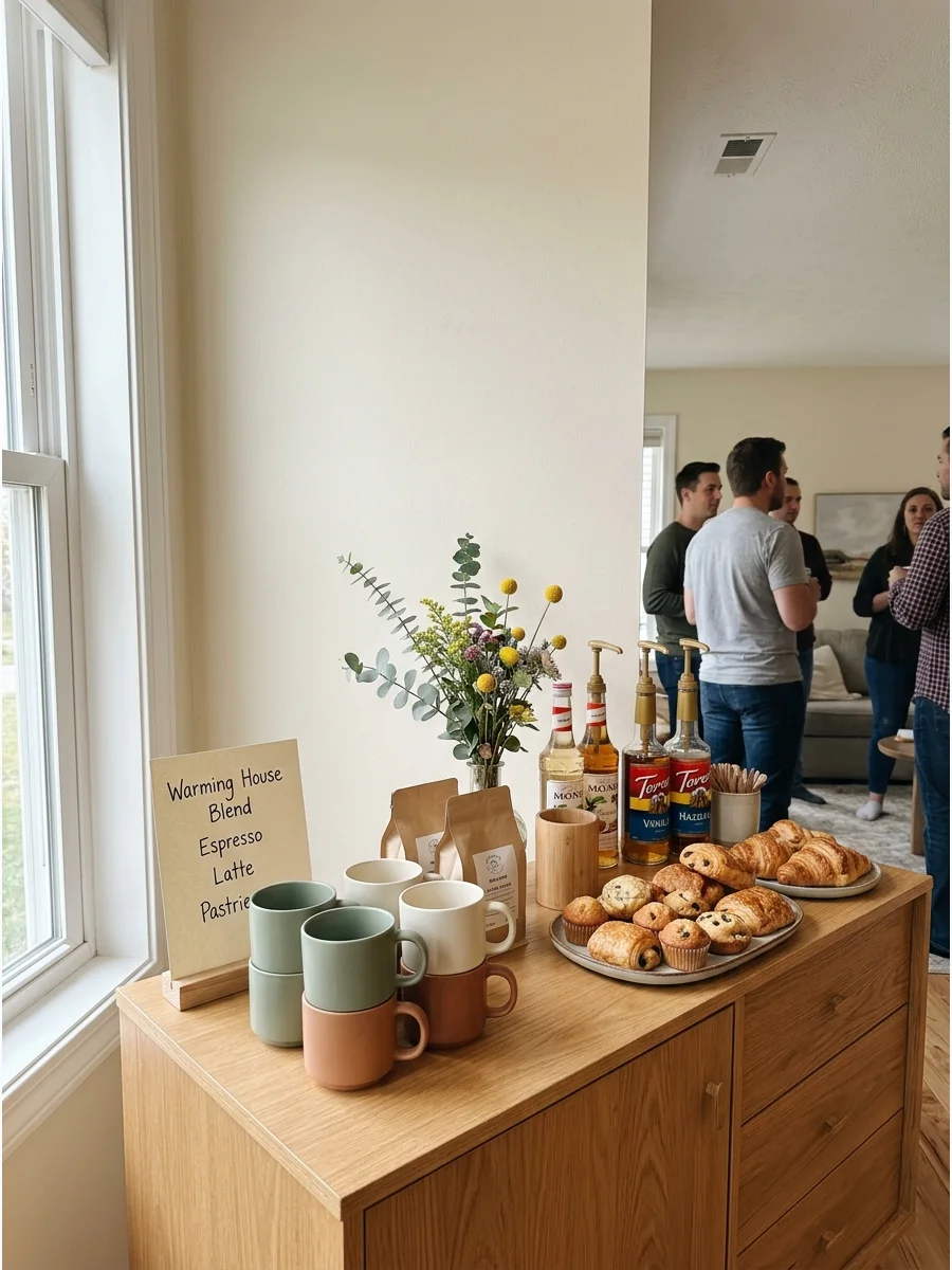Coffee Bar Housewarming Station. If you're hosting brunch or an afternoon gathering, decorate a coffee station with ceramic mugs, syrups, pastries, flowers, and a small handwritten
