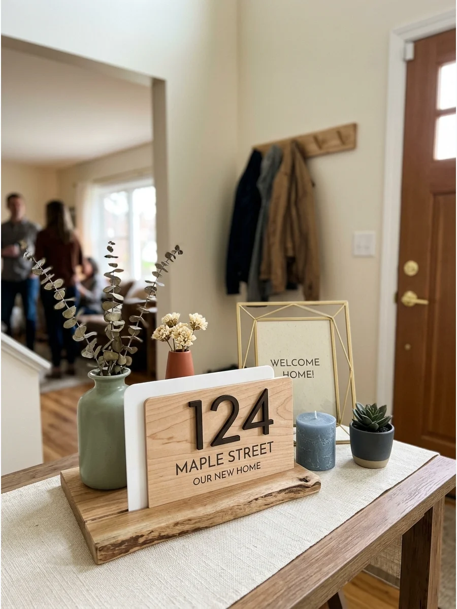 New Address Sign. Display the street number or new address as a decorative feature near the entrance or photo area. Use wood, acrylic, or simple printed signage that matches your p
