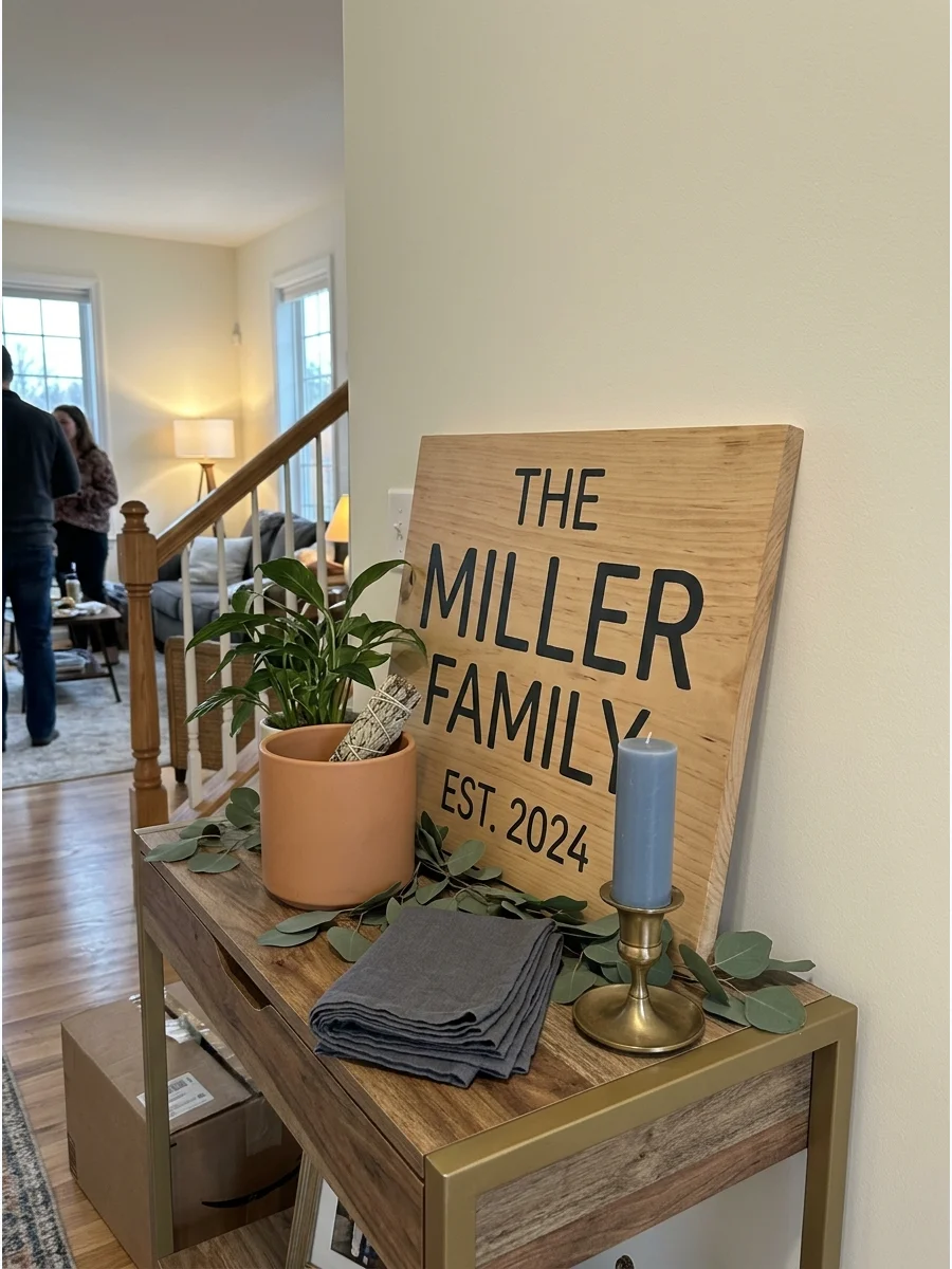 Family Name House Sign. Create a sign featuring the family surname and the year they established the new home. Lean it against a wall or place it on an easel surrounded by understa