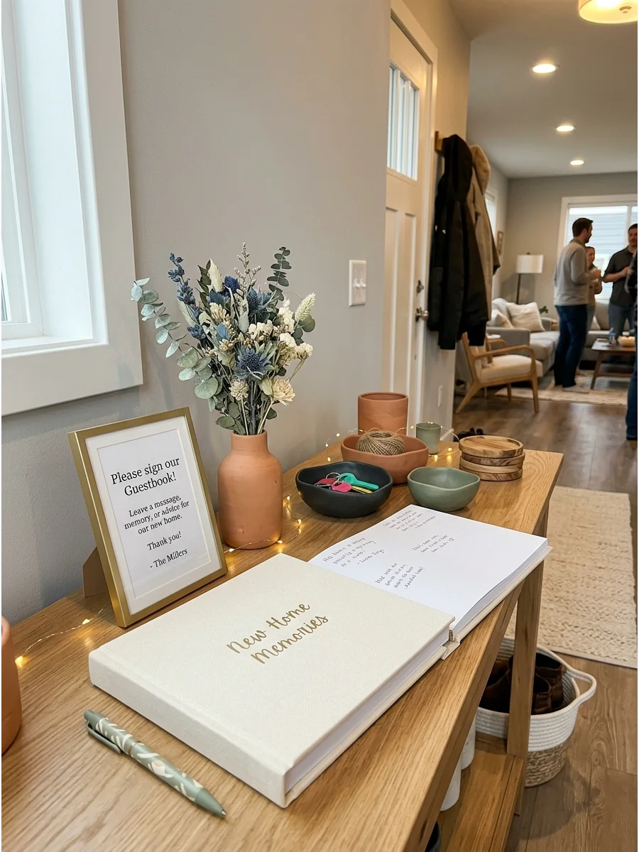 New Home Guestbook Table. Set up a small table where guests can leave messages, memories, or advice for the homeowners. Decorate the area with flowers, a framed instruction card, a