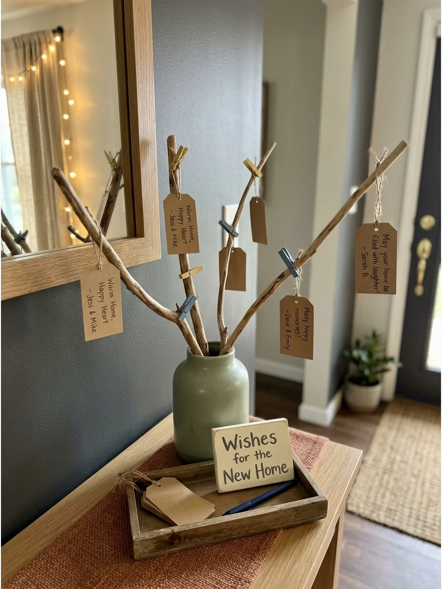 Housewarming Wish Tree. Place decorative branches inside a vase and provide small tags for guests to write wishes for the new home. Hang the completed cards from the branches so th