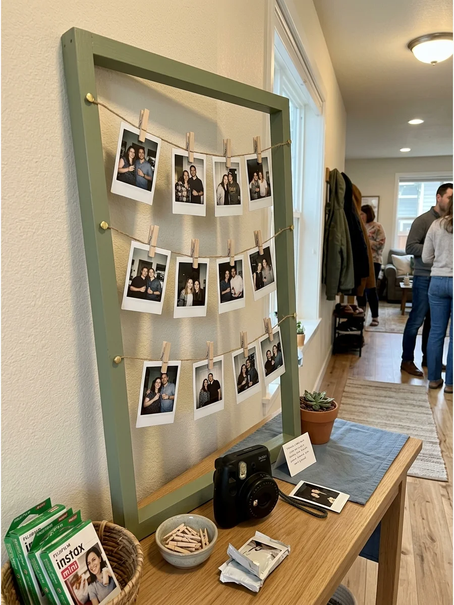 Polaroid Housewarming Photo Display. Provide an instant camera and let guests take photos during the celebration. Clip each new picture onto string, ribbon, or a simple grid so a b