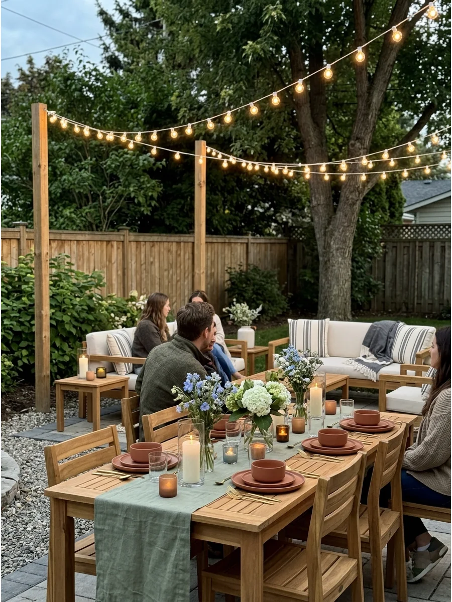 Backyard String Light Party. If your housewarming extends into the backyard, hang warm string lights over the main seating or dining area. Add outdoor candles, simple flowers, and