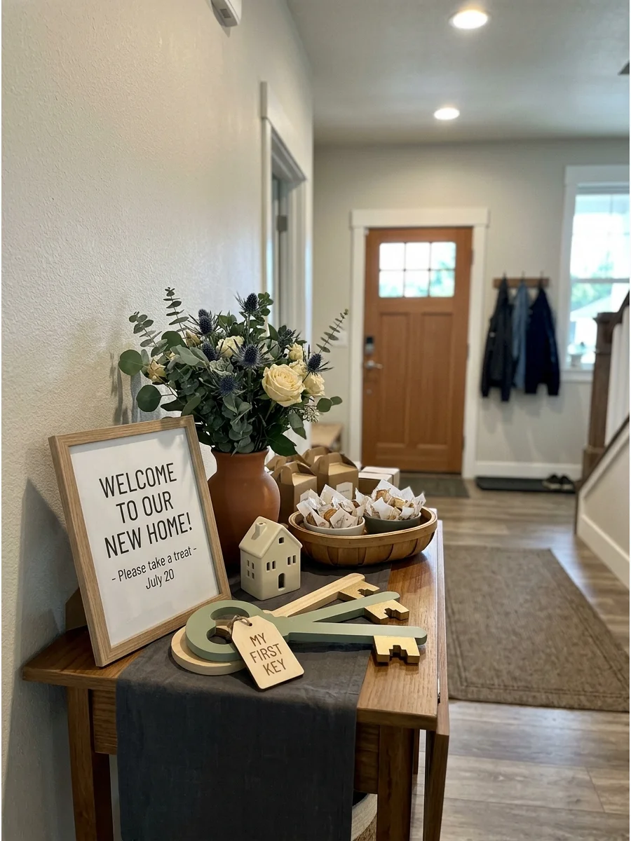 New Home Key Welcome Display. Use oversized decorative keys as the centerpiece of your entrance décor. Arrange them beside a welcome sign, flowers, and a small house-shaped ornamen