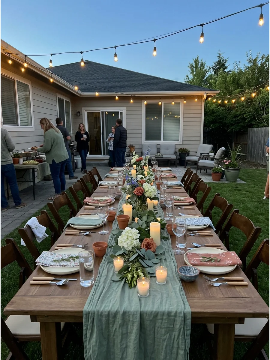 Backyard New Home Dinner Setup. Set a long table in the backyard and decorate it with linen runners, greenery, candles, seasonal flowers, and subtle string lights overhead. Keep th