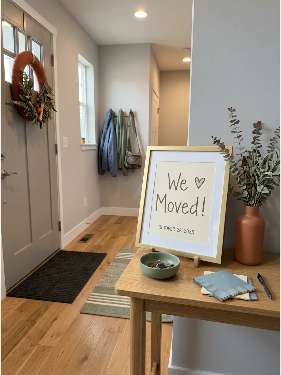 "We Moved!" Entryway Sign. Celebrate the milestone with a playful "We Moved!" sign positioned where guests first enter. Add the move-in date underneath to turn it into a small keep