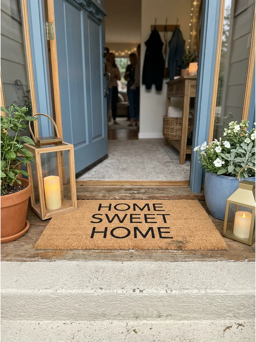 Welcome Home Doormat Display. Use a fresh welcome mat as part of the party décor and surround it with lanterns, flowers, or planters. It creates an attractive first impression whil