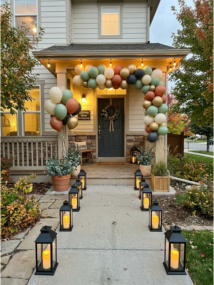 Lantern-Lined Entrance. Place lanterns along the walkway or porch leading to the front door. Battery-operated candles provide warm light without creating a complicated setup. House