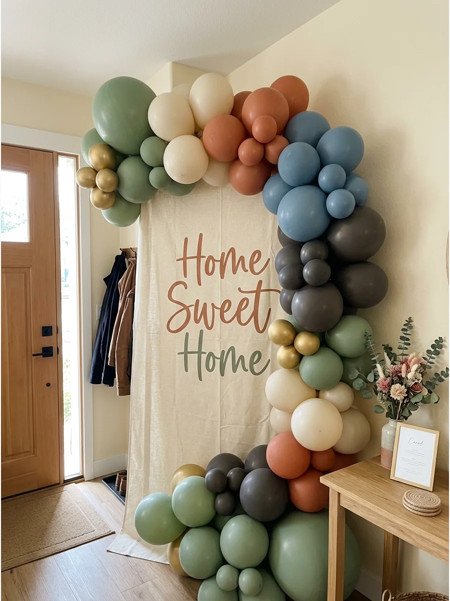 Home Sweet Home Balloon Arch. Build a balloon arch around a "Home Sweet Home" backdrop using colors that complement your home's interior. Cream, taupe, sage green, dusty blue, terr