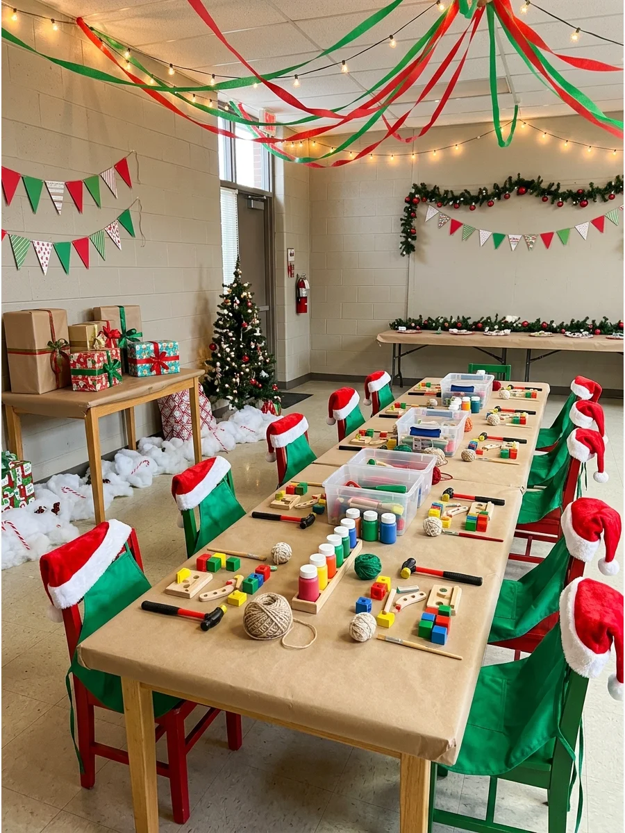 Santa's workshop themed party room with toy making tables and green aprons.