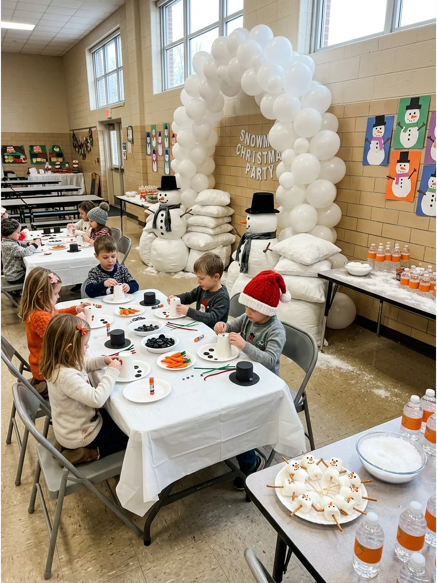 Snowman themed party room with white balloon decor and pillow snowmen.