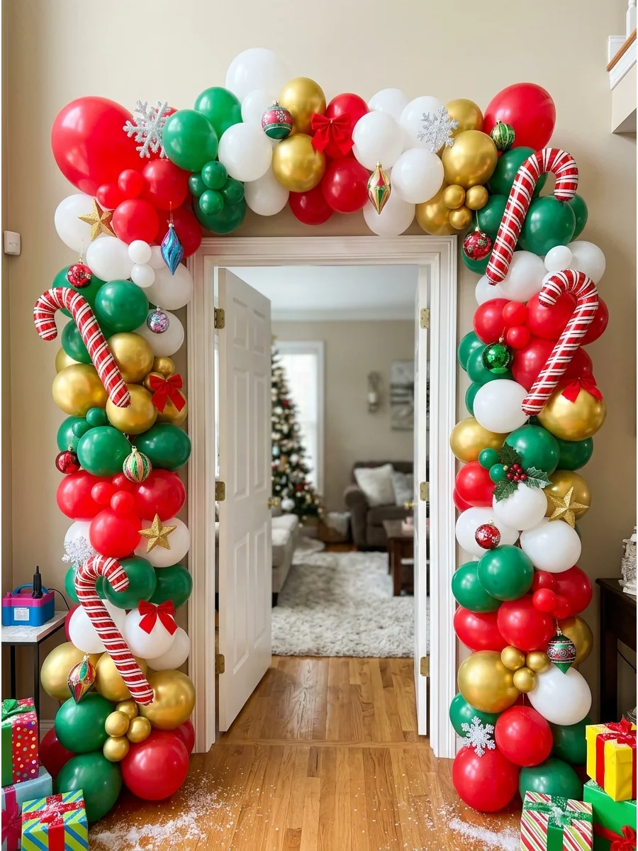A festive red and green balloon arch at a home entrance.