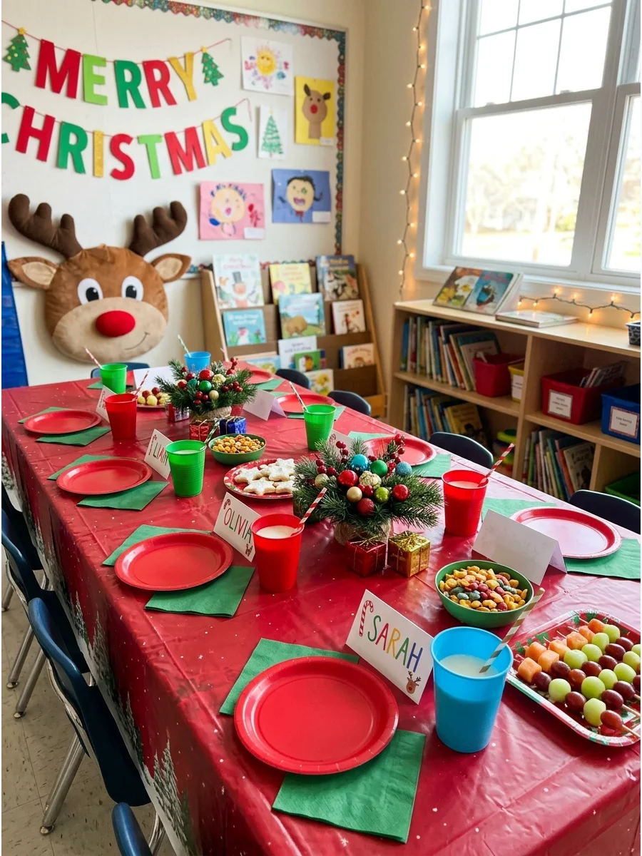 A child-sized party table with Christmas themed place settings.