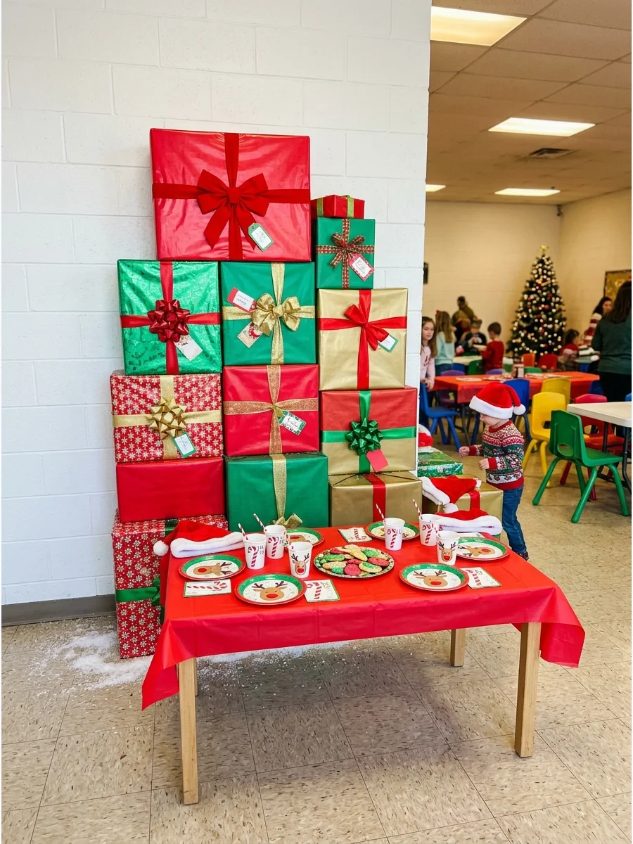 Large wrapped boxes stacked to create a holiday photo backdrop.