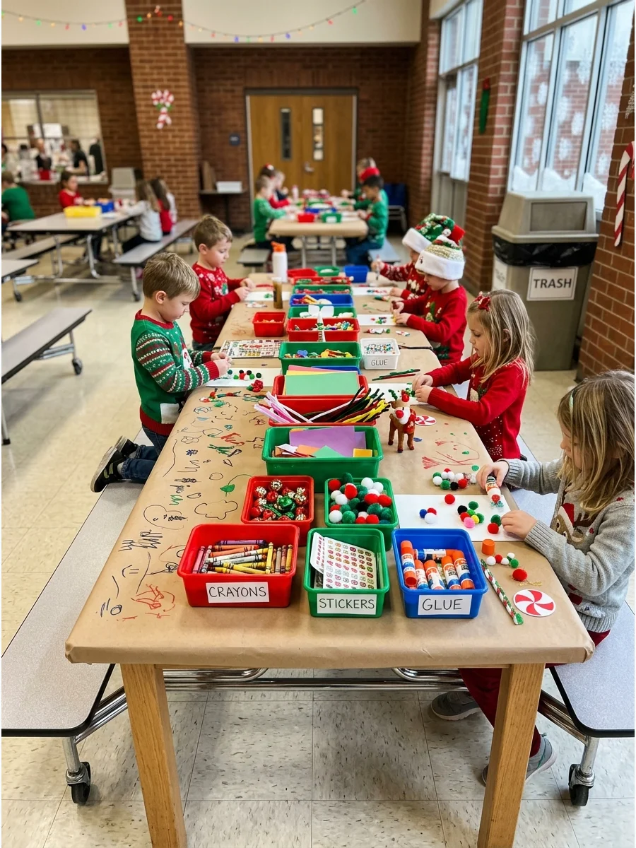 A craft station with organized supplies on a paper-covered table.