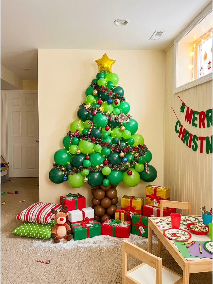 A wall decoration made of green balloons in the shape of a Christmas tree.