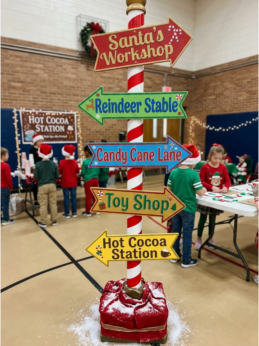 A red and white striped directional sign for a Christmas party.